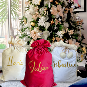 White Personalised Santa Sack with Pom Poms
