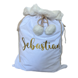 White Personalised Santa Sack with Pom Poms